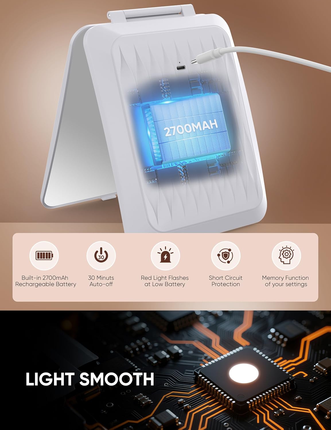 1X/10X Magnifying Makeup Mirror with 3 Colored Lights and Touch Control, 2700mAh Rechargeable LED Vanity Mirror for Home, Bathroom and Travel (Pearl White, with LED Lights)