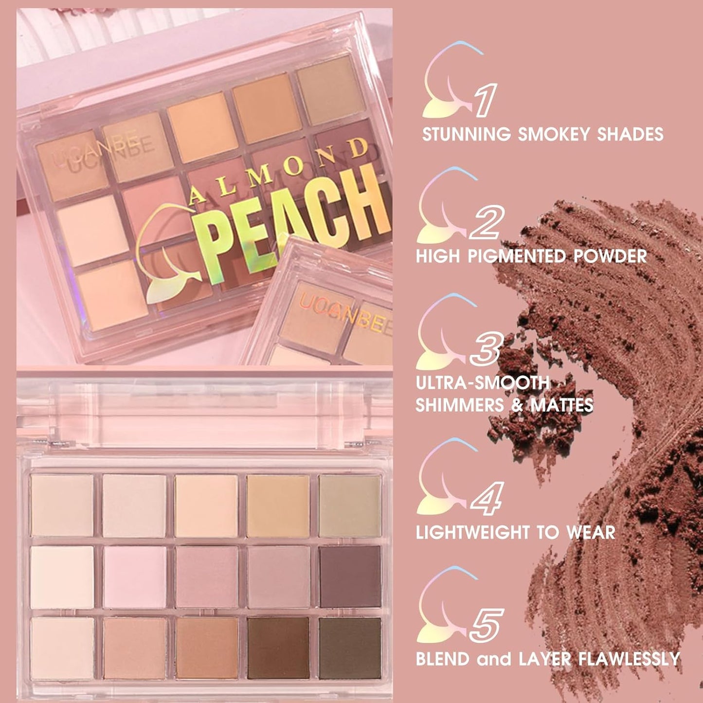 UCANBE Neutral Matte Eyeshadow Palette, 15 Colors Nude Taupe Rose Brown Eye Makeup Pallet, Natural Warm Tone High Pigmented Blendable & Buildable Sombras De Ojos Gift Kit