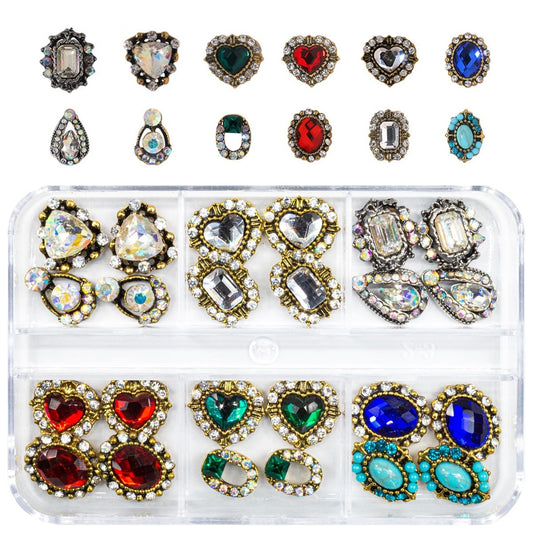 24 Pcs Retro Gold Nail Charms, qiipii 12 Pair 3D Alloy Luxury Nail Gems Elegant Heart Retro Rhinestones for Nails Golden Nail Crystals Diamonds Stones, Nail Art Supplies for Nails Decoration Crafts