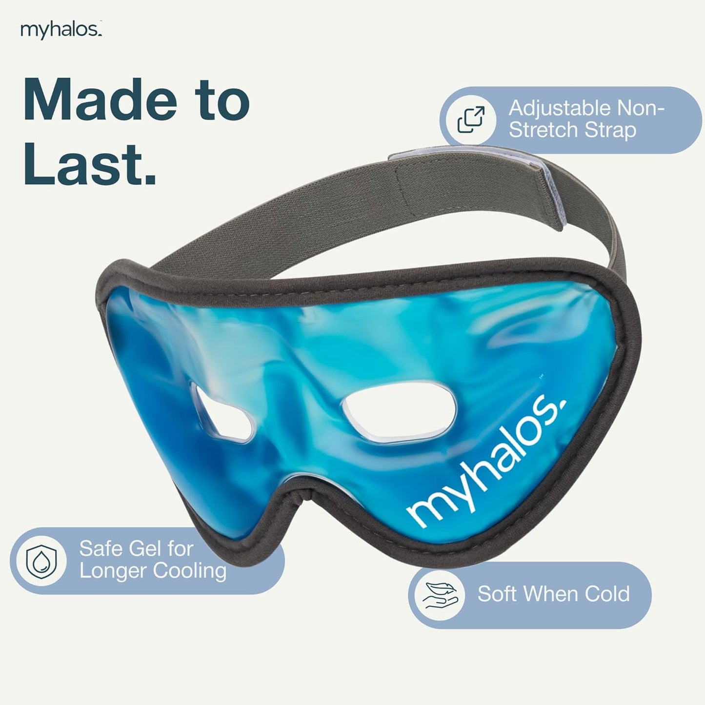 MyHalos Gel Eye Mask - Reusable Cooling Eye Mask with Adjustable Straps - Cold Mask for Puffy Eyes, Dark Circles and Hangovers - Eyes Ice Pack Compress for Sinus, Headaches & Puffiness, Blue (2-Pack)