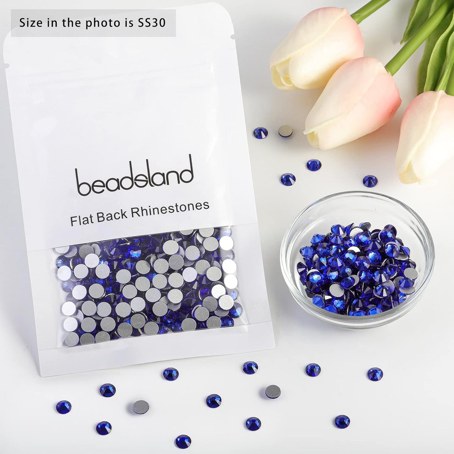 beadsland Flat Back Crystal Rhinestones Round Gems, Sapphire (6.4-6.6mm) SS30/288pcs