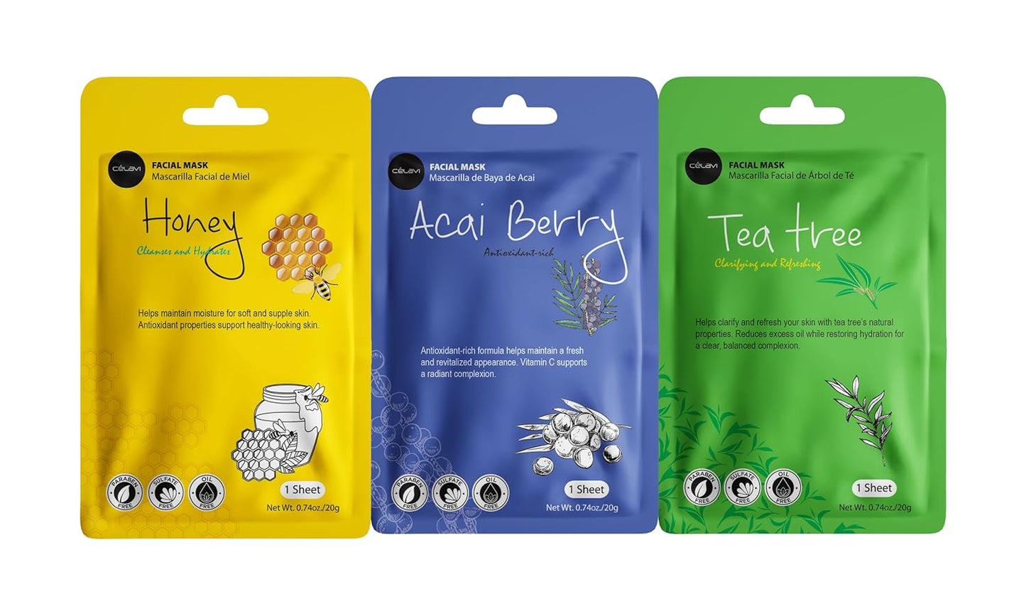 Celavi Essence Facial Sheet Face Mask Variety Set Classic Authentic Korean Moisturizing Skincare (Variation 1, 12 Count (Pack of 3))