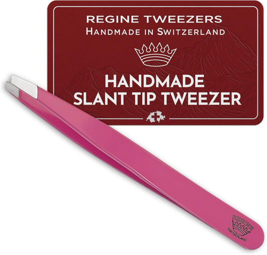 Slant Tweezer - Handmade in Switzerland - Professional Eyebrow & Facial Hair Remover - Etched Interior Grabs Hair from The Root - Perfectly Aligned Tips - Stainless Steel, Pink