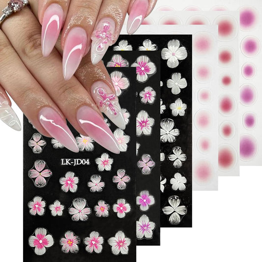 Blush Flower Nail Art Stickers Decals 5D Embossed Nail Decals Spring Summer Frangipani Nails Art Design Self-Adhesive Accessories 3D Flower Nails Stickers for Women Decoration