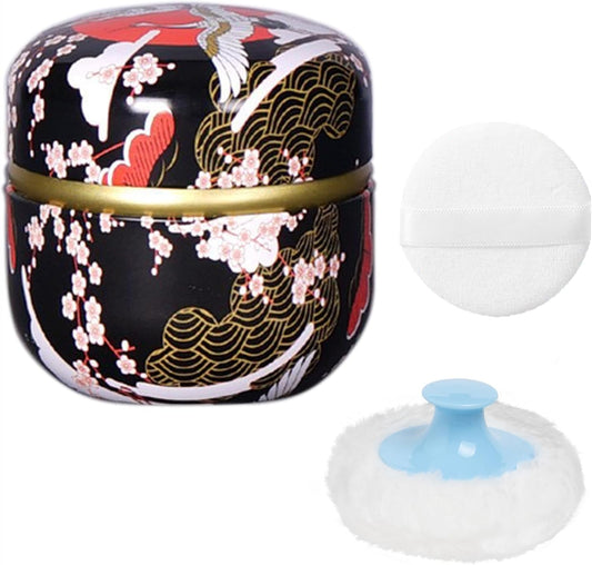 WEMEGA Body Powder Case with Powder Puff Powder Container Tea Box for Baby and Women Powder Puff and Powder Case for Travel (Black Crane)