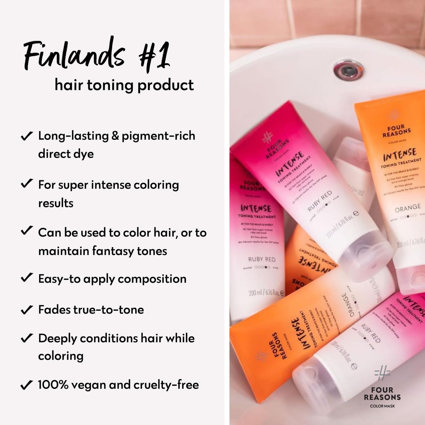 FOUR REASONS Color Mask INTENSE - Orange, 6.76 fl oz - Intensive Toning Treatment - Color Depositing Conditioner - Semi Permanent Hair Dye for Lightened and Colored Hair - 100% Vegan