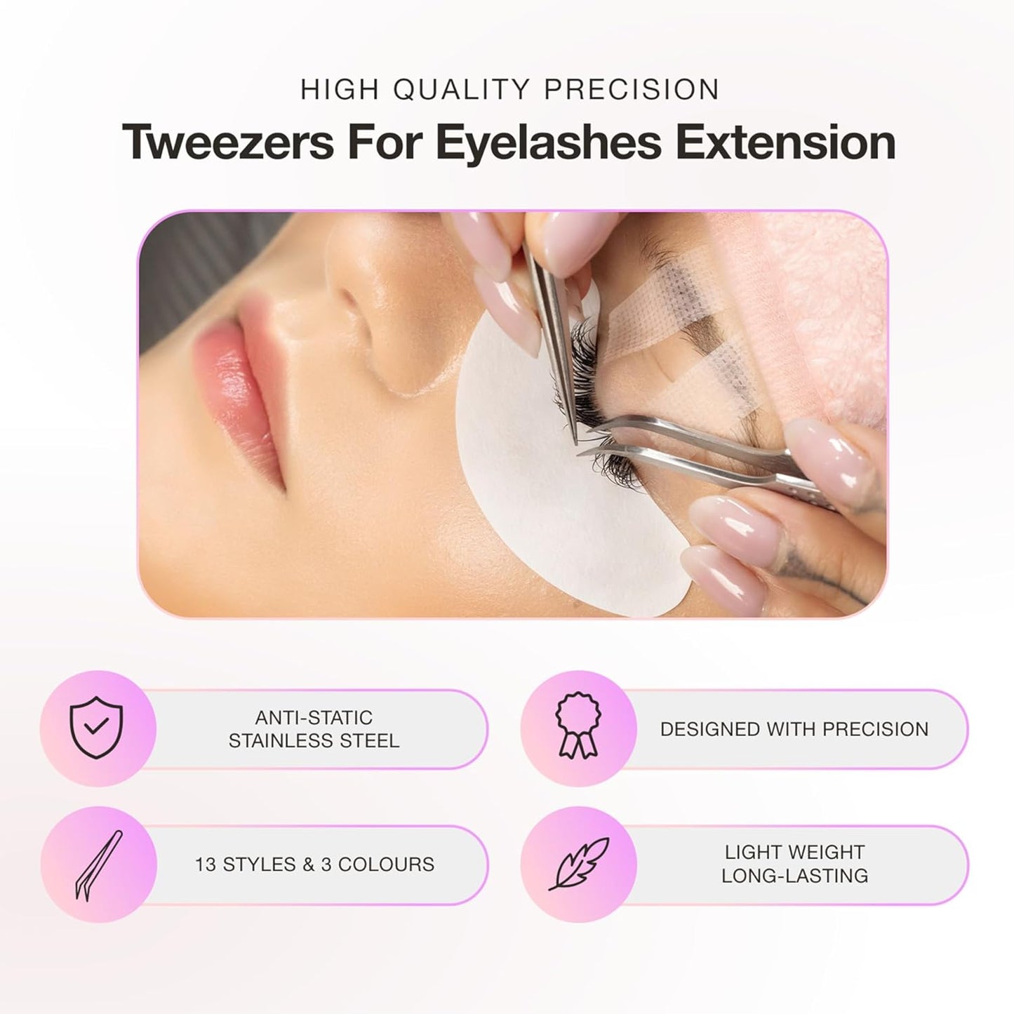 Curacoro Lash Tweezer - Professional & Precision Fiber Tip Grip Lash Tweezers for Eyelash Extensions, Multi Shapes & Purposes Tweezers for Volume, Isolation & Classic Lashes (Silver, Only Fan)