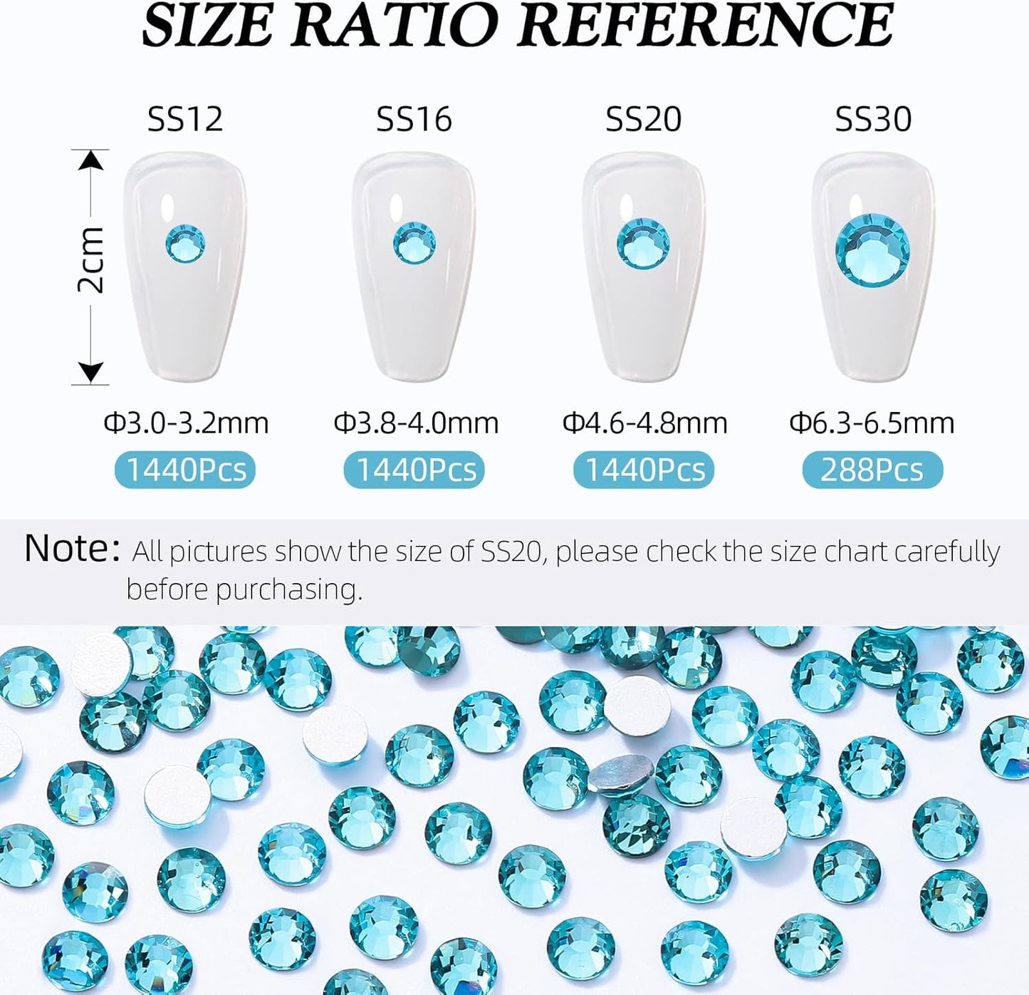 Aquamarine Flatback Rhinestones, Glass Rhinestones for Nail Art and Craft, Glue Fix, Loose Crystal Gemstones(Aquamarine, SS20, 1440pcs, 4.6-4.8mm)