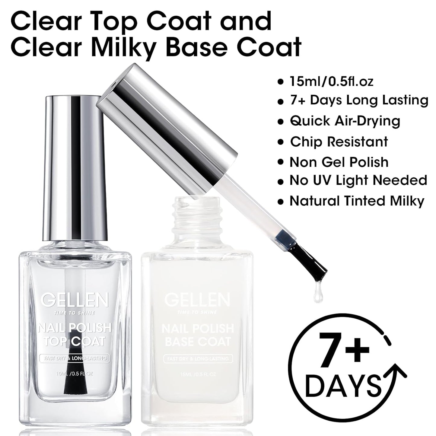 GELLEN Clear Nail Polish Base and Top Coat, Shine No Wipe Top Coat and Tinted Milky White Sheer Base Coat Strengthens Nails - Calcium, Quick Dry Regular Nail Polish, Not UV Gel, Hema Free, Non-toxic