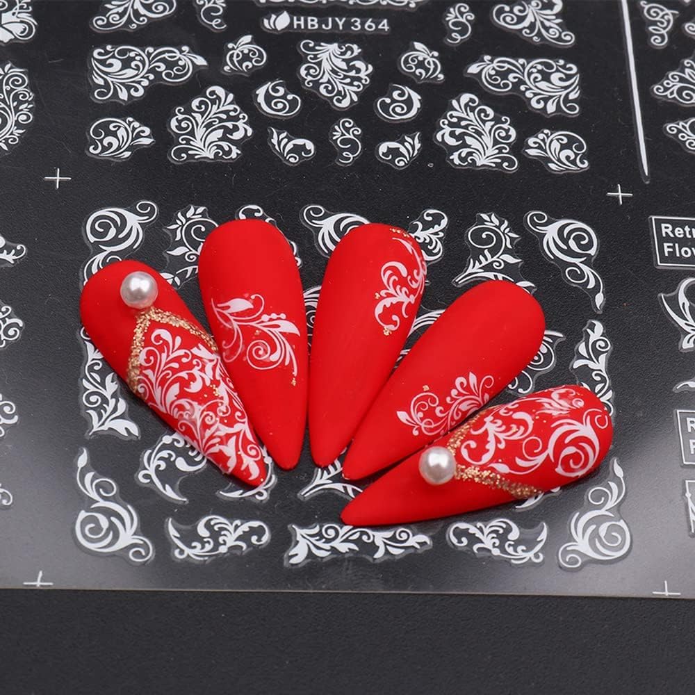 Flowers Nail Art Stickers Decal ,White Flowers Nail Stickers Nail Art Supplies 3D Retro Lace Flower Leaf Vine Geometric Self Adhesive Floral Nail Decals Wedding Nail Designs for Women Manicure Decorations(361-372 White)