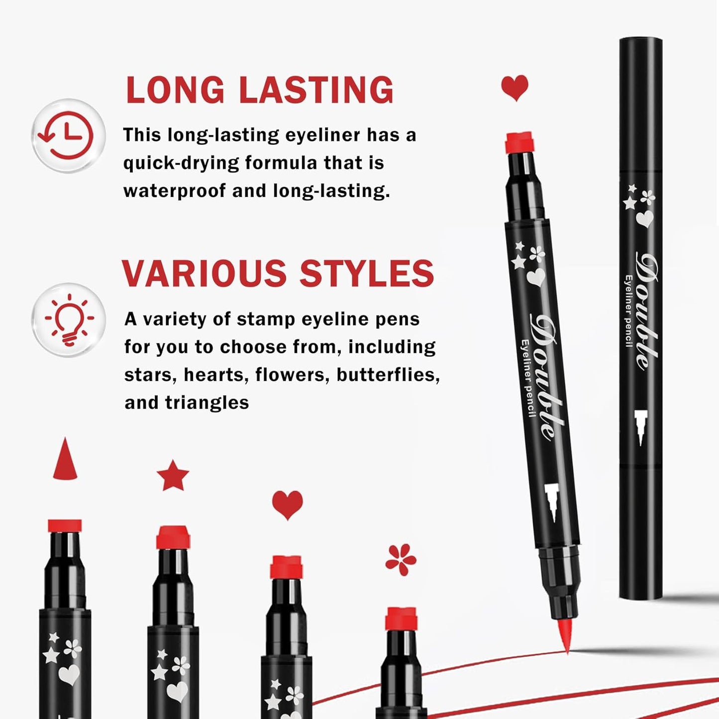 2PCS Double-headed Eyeliner Stamp Pencil Black and Red Liquid Winged Eyeliner Stamp Pen Waterproof Smudgeproof Eye Liner Stamp for Eye Makeup(Heart)