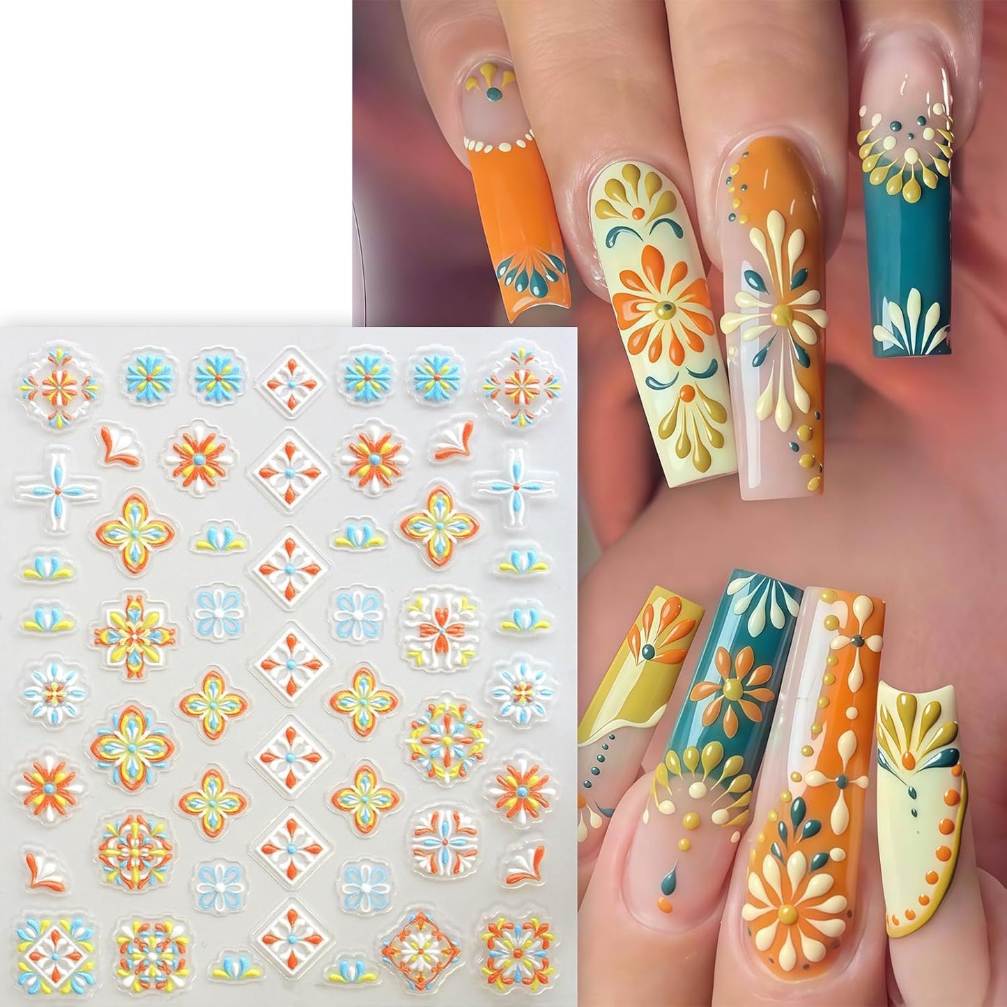 5 Sheets Bohemian Style Nail Decals Embossed Flower Star Nail Art Stickers 5D Self-Adhesive Metallic Lace Lines Bohemia Carving Floral Nail Designs Star Flower Nails Decoration for Women Nail Supplies