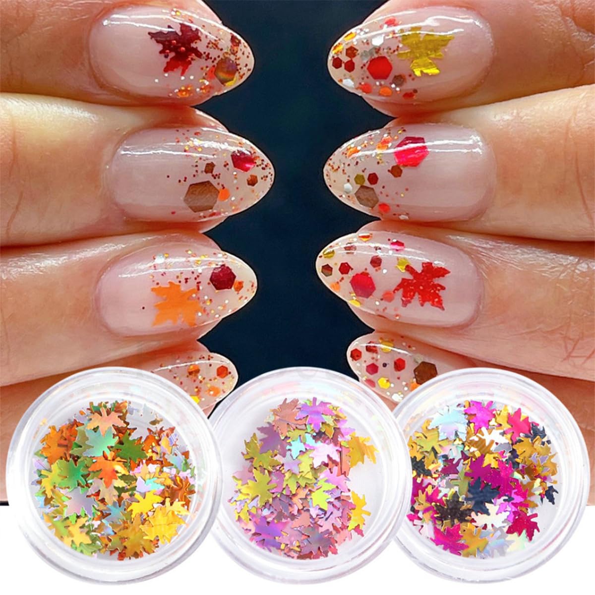 3D Maple Leaf Glitter Nail Sequins Fall Nail Stickers Autumn Nail Glitters Holographic Vintage Maple Leaves Nail Designs Thanksgiving Nail Decals for Manicure Decoration