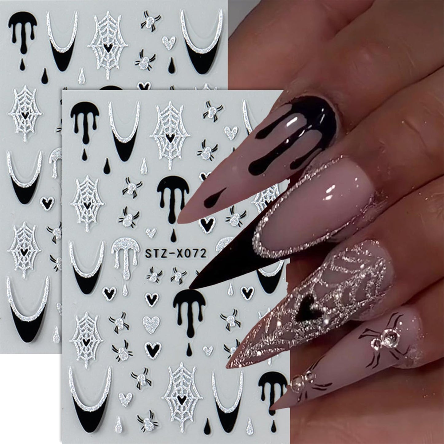 8 Sheets Black Halloween Nail Art Stickers Decals Spider Web Nails Sticker with Rhinestones Design Skeleton Blood Drop French Tip Nails Decals Self-Adhesive Butterfly Nail Art Decal Halloween Decor