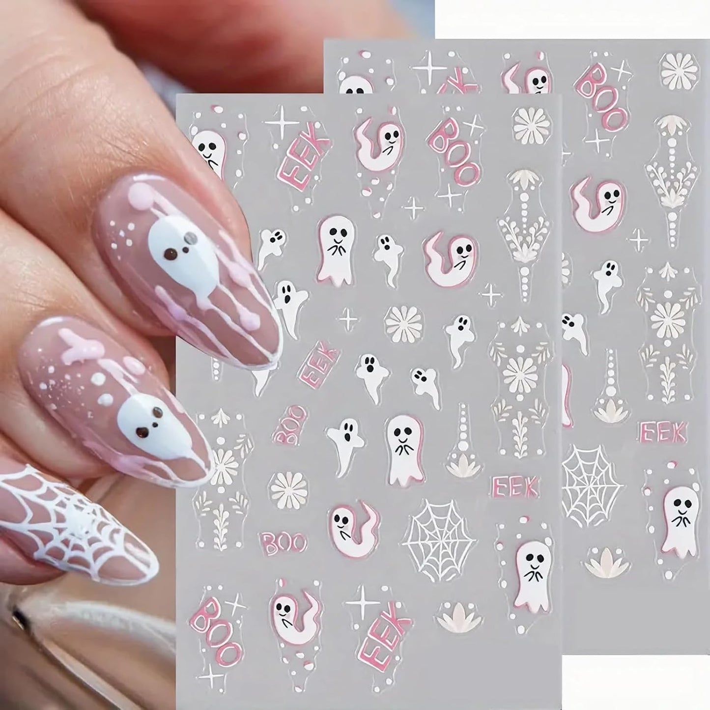 2Pcs Halloween Nail Art Stickers 5D Embossed Halloween Ghost Nail Decals Cute Ghost Spider Web Totem Pattern Designs Self Adhesive Horror Nail Supplies for Women Manicure Tip Decorations Accessories