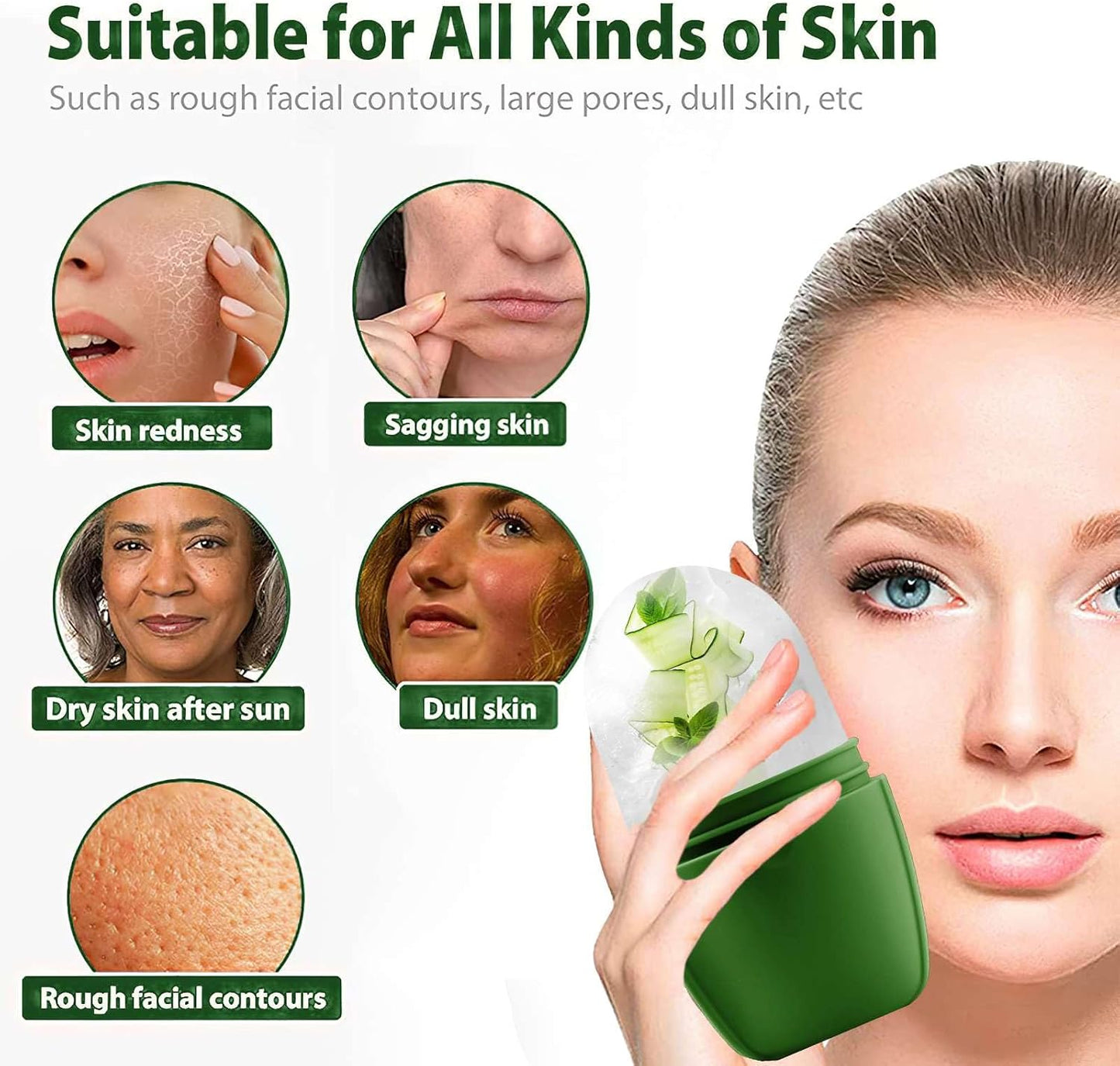 KOGITI Face Ice Mold & Roller - Ice Facial Massager for Puffiness Relief & Skin Care, Green