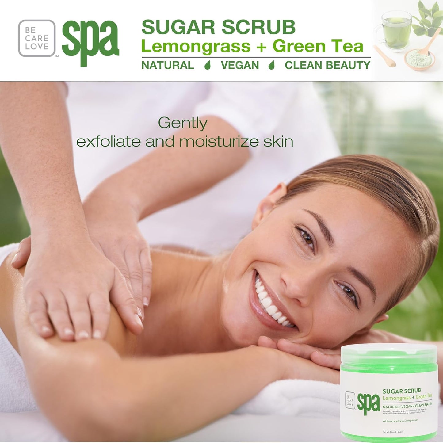 Be Care Love Spa Sugar Scrub Lemongrass + Green Tea to moisturize, detoxify and purify skin for acne-prone, oily, or damaged skin.16 oz