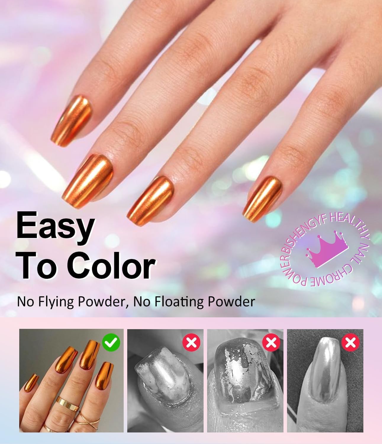 6Pcs Chrome Nail Powder Set - Metallic Mirror Effect Holographic Nail Powder Gold Silver White Nail Chrome Powder for Nails Art Decoration