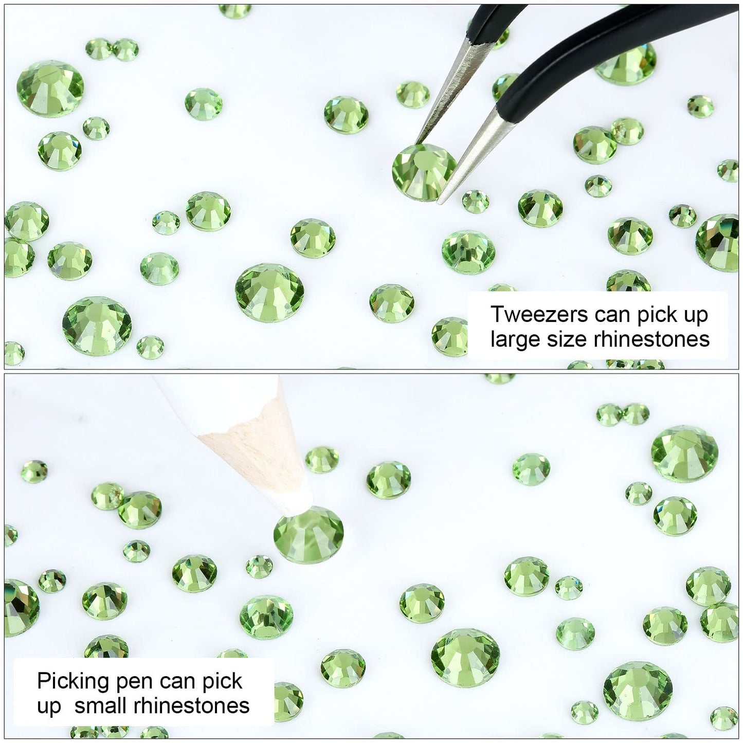 4240Pcs Lt. Green Flatback Rhinestones 6 Sizes Crystal Diamonds for Nail Art Crafts Clothes Shoes with Tweezers and Picking Pen