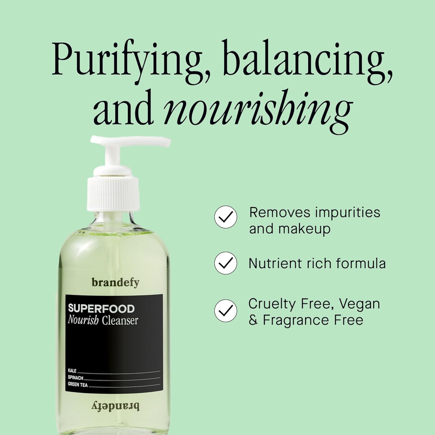 Brandefy Superfood Face Wash, Gentle & pH Balanced Cleanser w/Kale, Green Tea, Spinach, Vitamin C, E, K2- Softens & Nourishes Skin, Organic Facial Cleanser for All Skin Types (8 Fl Oz)