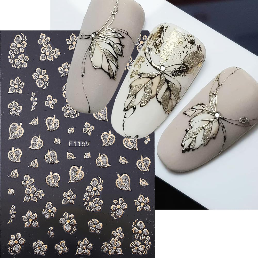 Fall Maple Leaves Nail Art Stickers for Thanksgiving, Gold Maple Leaves Nail Decals 3D Self-Adhesive with Flowers Butterfly Design 6Pcs French Tip Glitter Nail Art Supplies for Women Nail Decoration