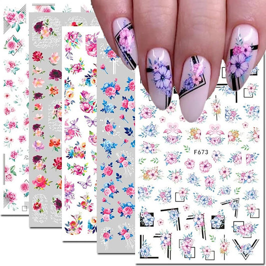 Flowers Nail Art Stickers Decals 10 Sheets 3D Self Adhesive Flower Nail Design Stickers Spring Summer Blossom Flowers Floral Nail Decals for Women DIY Manicure Flowers Nail Stickers Decoration Supply