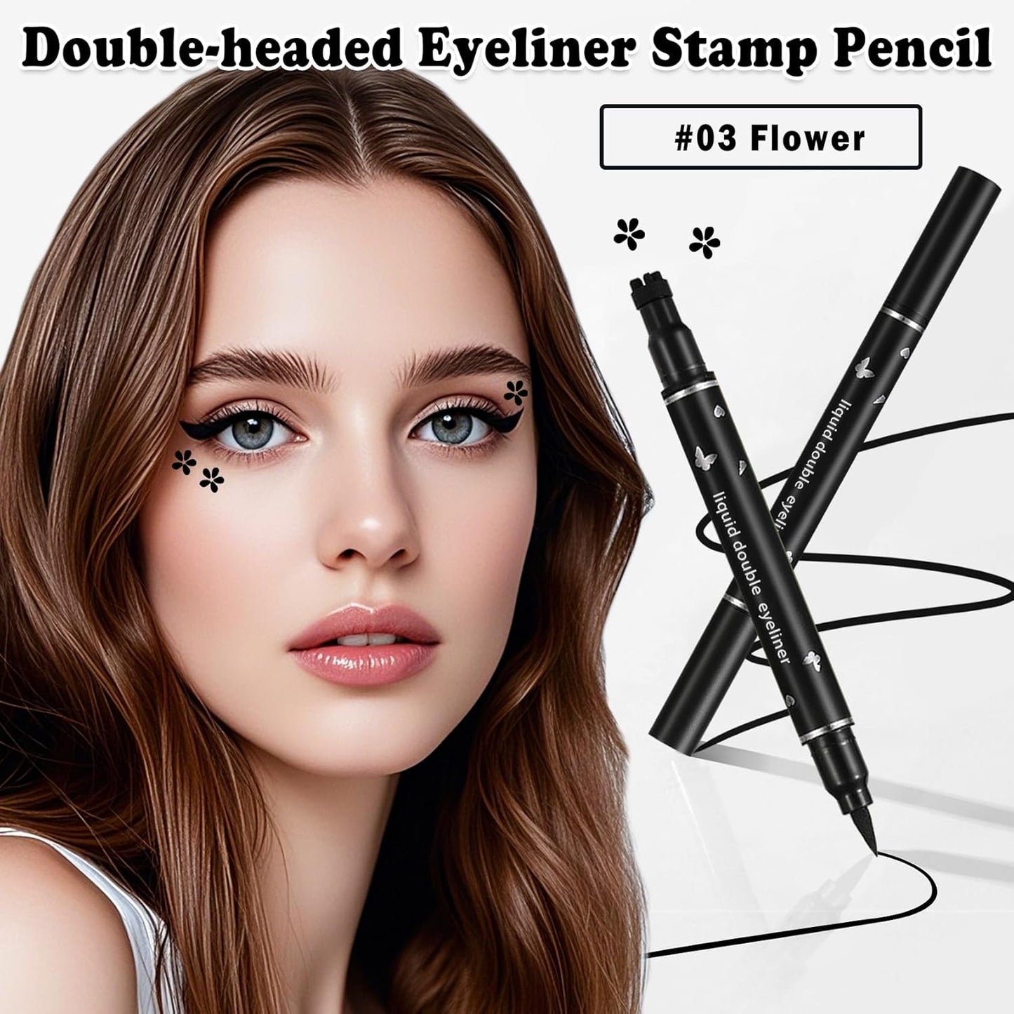 Double-headed Eyeliner Stamp Pencil Black Liquid Winged Eyeliner Stamp Pen Waterproof Smudgeproof Eye Liner Stamp for Eye Makeup(03 Flower)