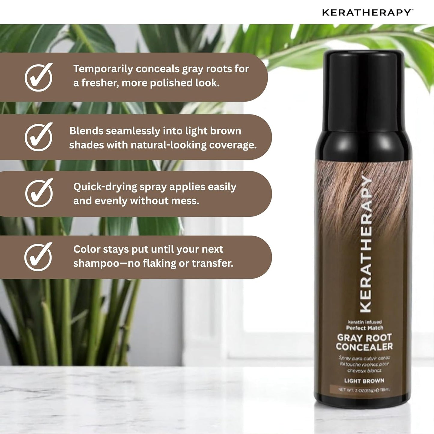 Keratherapy Keratin Infused Perfect Match Gray Root Concealer Spray, Light Brown, 3 oz, 118ml - Root Cover Up Spray to Hide Gray Roots - Keratin Therapy Hair Darkening & Temporary Scalp Concealer