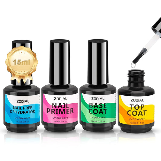 4 Pcs Nail Dehydrator and Primer with Gel Base and Top Coat - No Wipe High Glossy Long Lasting Durable Home DIY Nail Art Design Starter Kit Gift, 0.51 Fl Oz