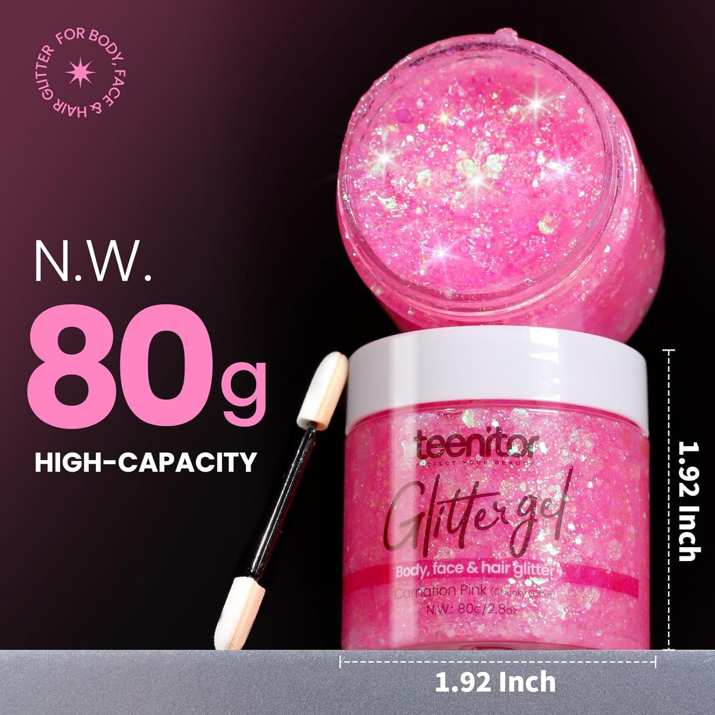 Teenitor Face Glitter, Pink Body Glitter Gel, Hair Glitter Gel, 80g/2.8oz Holographic Rave Glitter for Face and Body