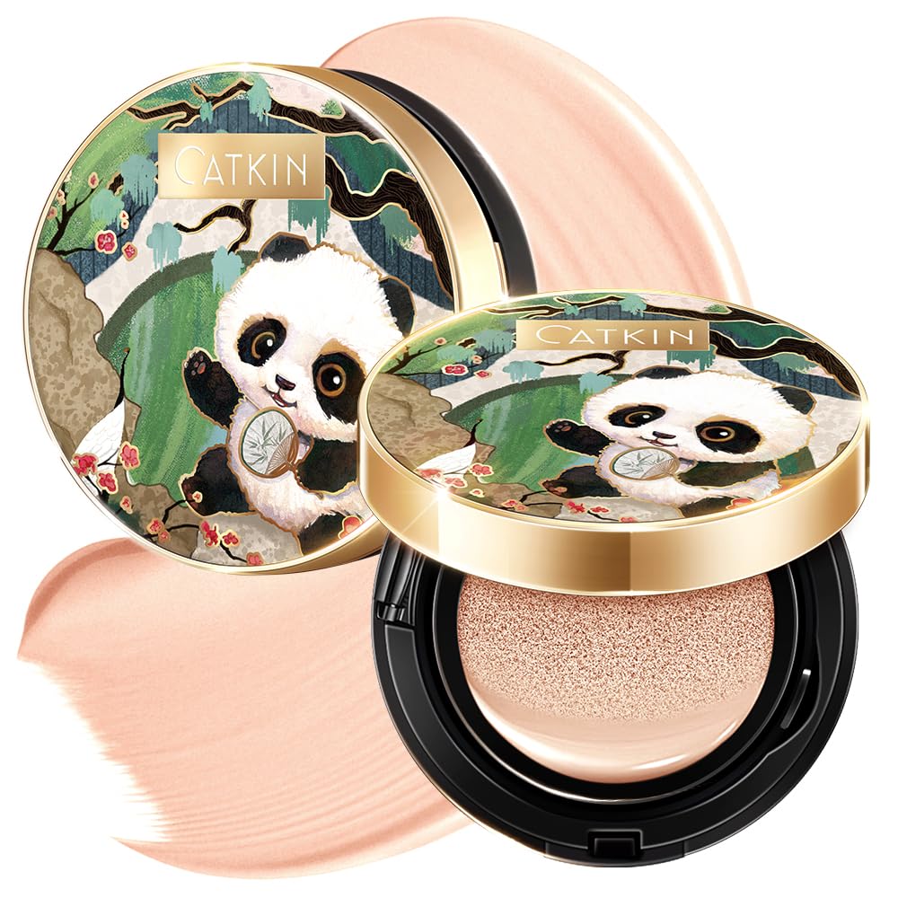 CATKIN Panda Land Full Coverage Cushion Fondation, Breathable Hydrating Nourishing Poreless Face Makeup Save for Sensitive Skin,Sheer Finish (C02 Light Beige)