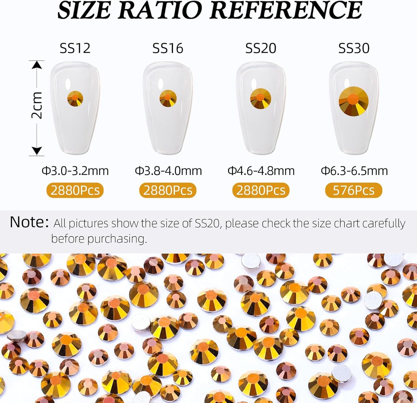 Gold Flatback Rhinestones, Glass Rhinestones for Nail Art and Craft, Glue Fix, Loose Crystal Gemstones(Gold, SS20, 2880pcs, 4.6-4.8mm)