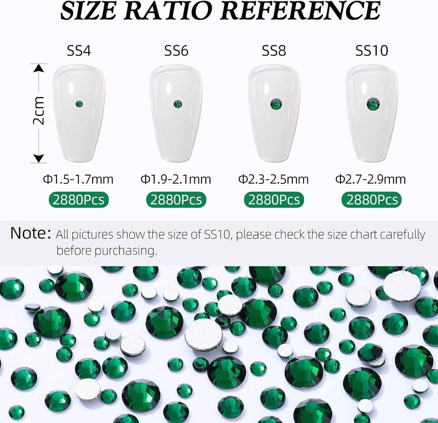 Green Flatback Rhinestones, Glass Rhinestones for Nail Art and Craft, Glue Fix, Loose Crystal Gemstones(Green, SS6, 2880pcs, 1.9-2.0mm)