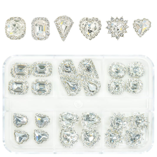 24Pcs 3D Alloy Silver Clear Nail Art Rhinestones Luxury Charms for Nails- 3D Alloy Heart Nail Charms, Elegant Silver Nail Crystal Diamonds Stones Studs for Acrylic Nails DIY Crafts Jewelry