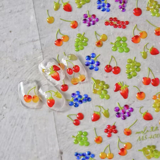 Fruit Nail Art Stickers Summer Colorful Nail Stickers 5D Embossed Cute Manicure Decals Accessories Self Adhesive Slider for Women DIY Nails Art Decorations Accessories