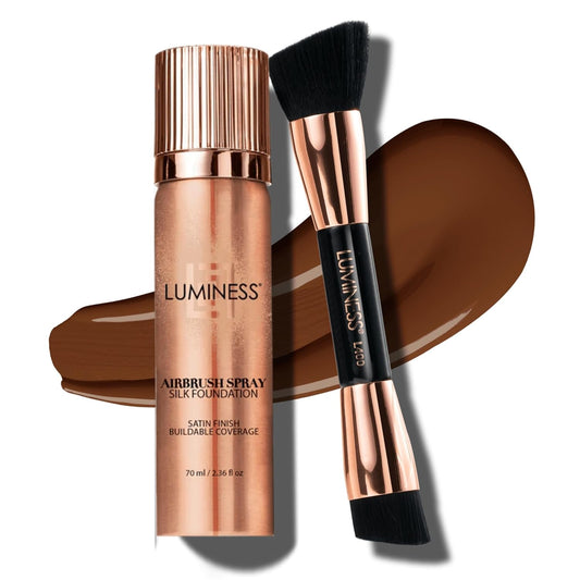 LUMINESS Silk Airbrush Spray Foundation & Buffing Brush Kit – Full Coverage Foundation & Dual-Sided Buffing Brush - Buildable Coverage, Anti-Aging Formula Hydrates & Moisturizes (Shade - Deep Dark)