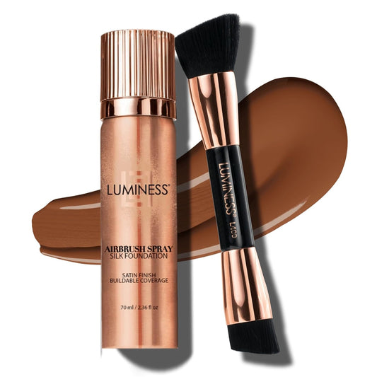 LUMINESS Silk Airbrush Spray Foundation & Buffing Brush Kit – Full Coverage Foundation & Dual-Sided Buffing Brush - Buildable Coverage, Anti-Aging Formula Hydrates & Moisturizes (Shade - Deep)