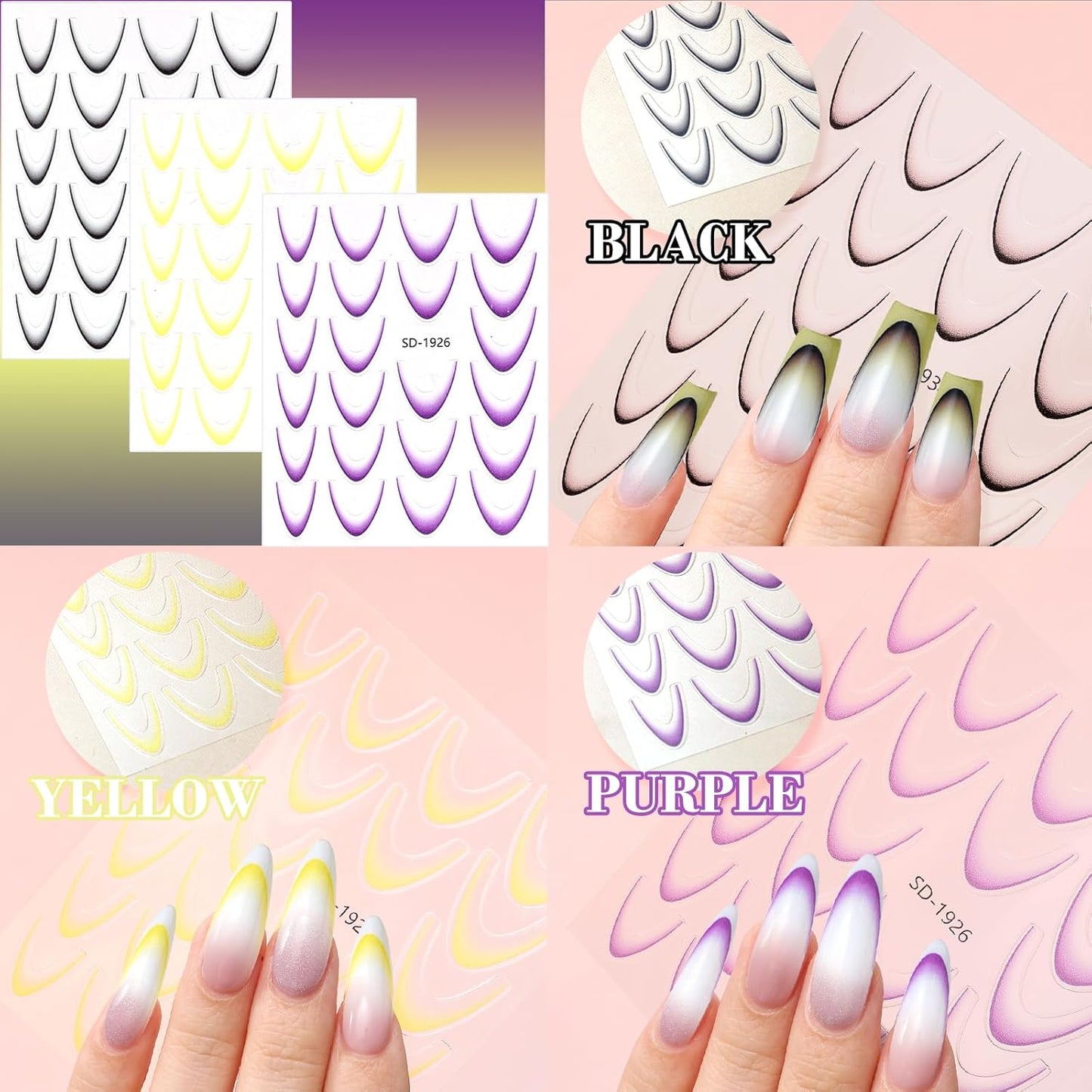 9 Sheets Colorful French Tip Nail Stickers, Gradient French Line Nail Art Stickers with Tweezer, French Tip Nail Decals 3D Self-Adhesive Nail Tips Guides for Women Manicure Decoration