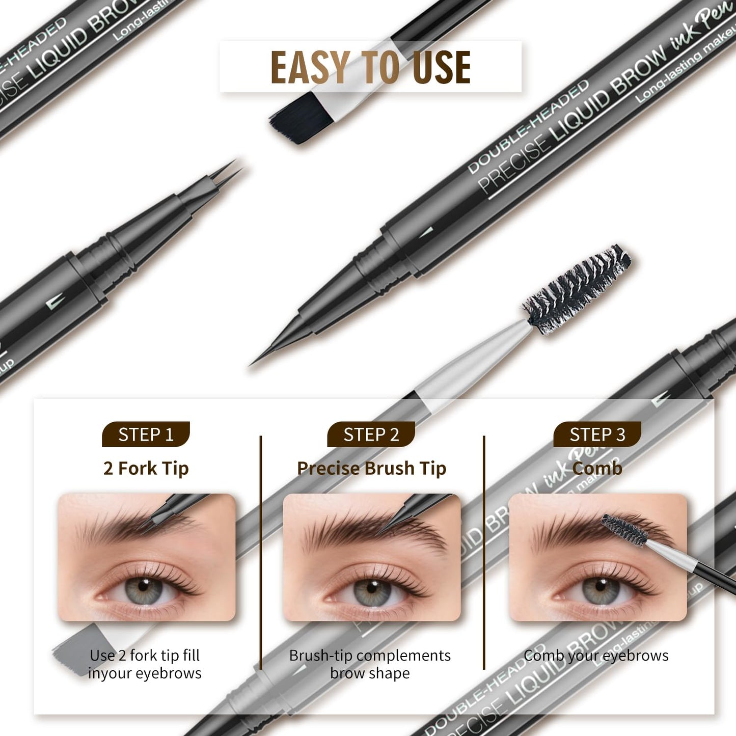 Eyebrow Pencil, Eyebrow Pen with Double-Brush Tip 2-in-1 Eyeliner Dual-Ended Microblading Long Lasting Waterproof Hair-Like Brow Pencil with Eyebrow Brush (Black)