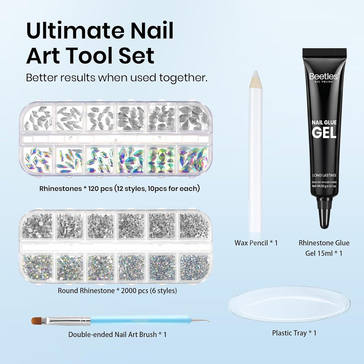 Beetles Gel Polish Nail Glue with Nail Gems Set, 15ml Nail Rhinestone Glue &120+2000Pcs Crystal Glass AB Rhinestones for Nails Art, Nail Gems with Double-Ended Clean Up Nail Brush Gifts for Girls