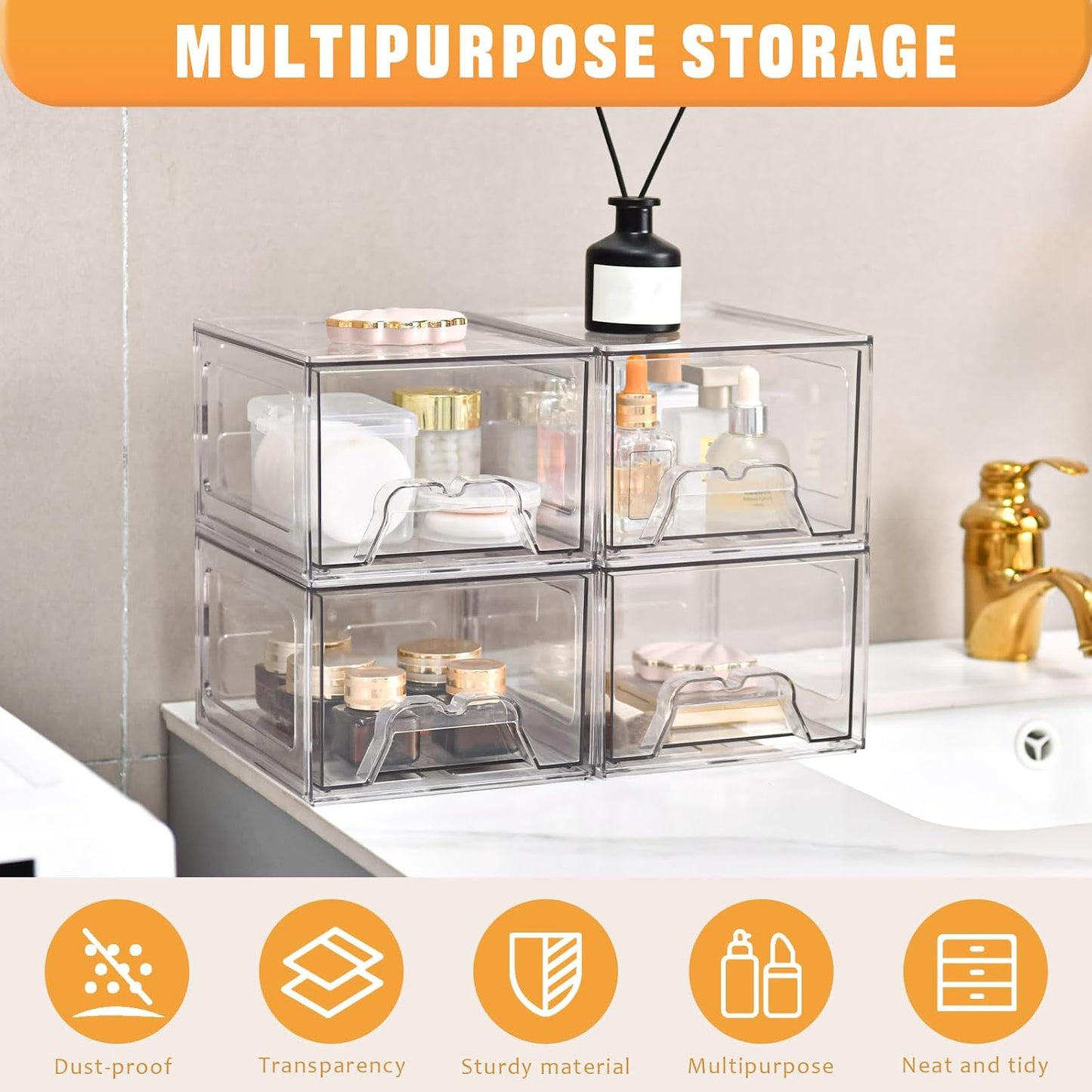 8 Pack Stackable Makeup Organizer, 4.4'' Tall Acrylic Bathroom Makeup Organizer and Storage Drawer with Pull-out Handle, Clear Plastic Storage Bins for Vanity,Pantry,Desk,Undersink,Kitchen
