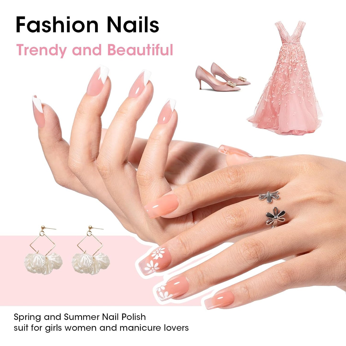 GELLEN Sheer Pink Nail Polish & Clear Base Top Coat Nail Polish, Light Pink Jelly Nails Polishes Summer Spring 6pcs Set, Quick Air Dry Non-Gel Traditional Regular Nails Polishes, Hema Free, Non-toxic