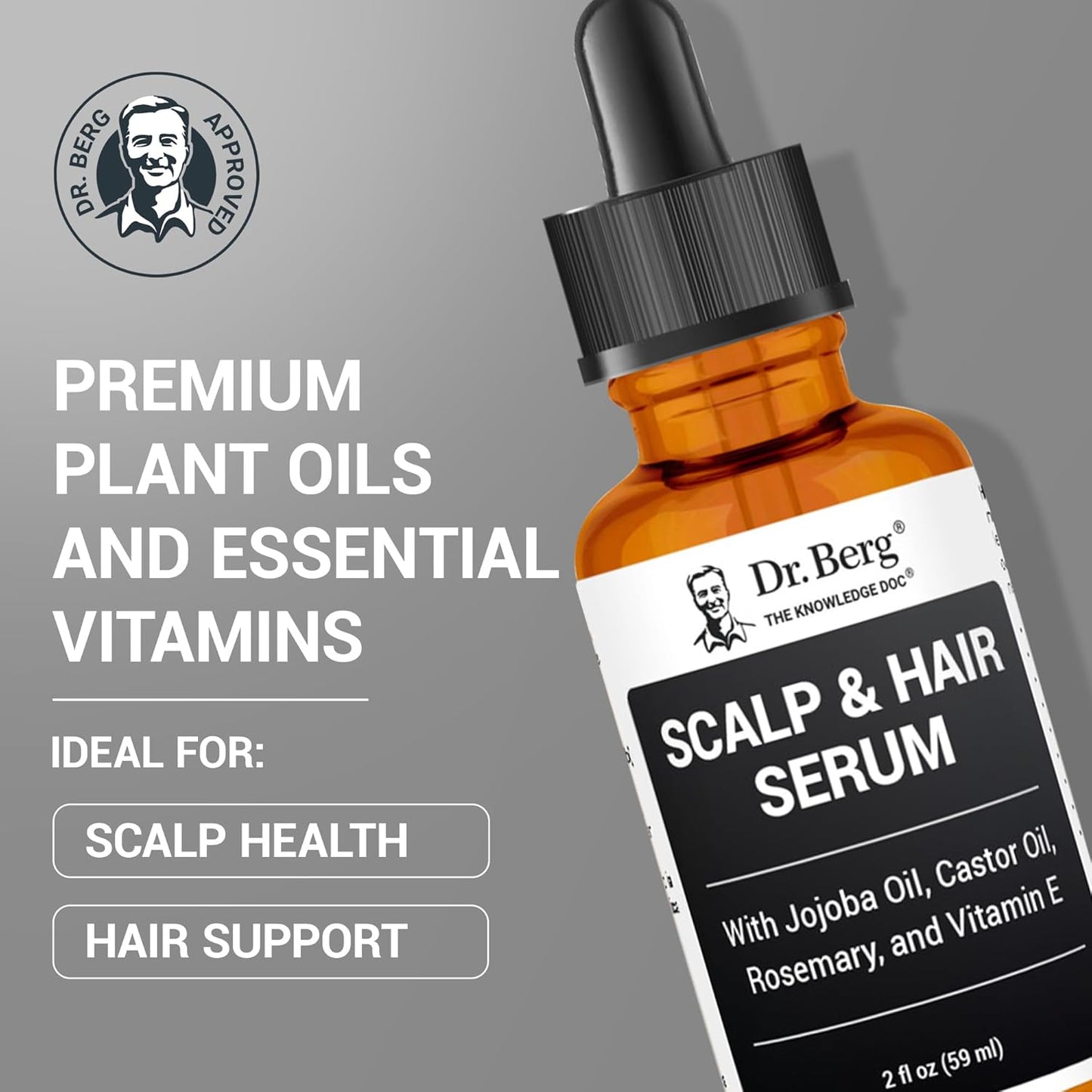 Dr. Berg Scalp & Hair Serum (Improved Formula) with Vitamin D3 & E - Clinically Tested, Paraben- and Sulfate-Free Hair Oil for Women & Men - Includes Rosemary Oil, Castor Oil & Jojoba Oil - 2 Fl oz