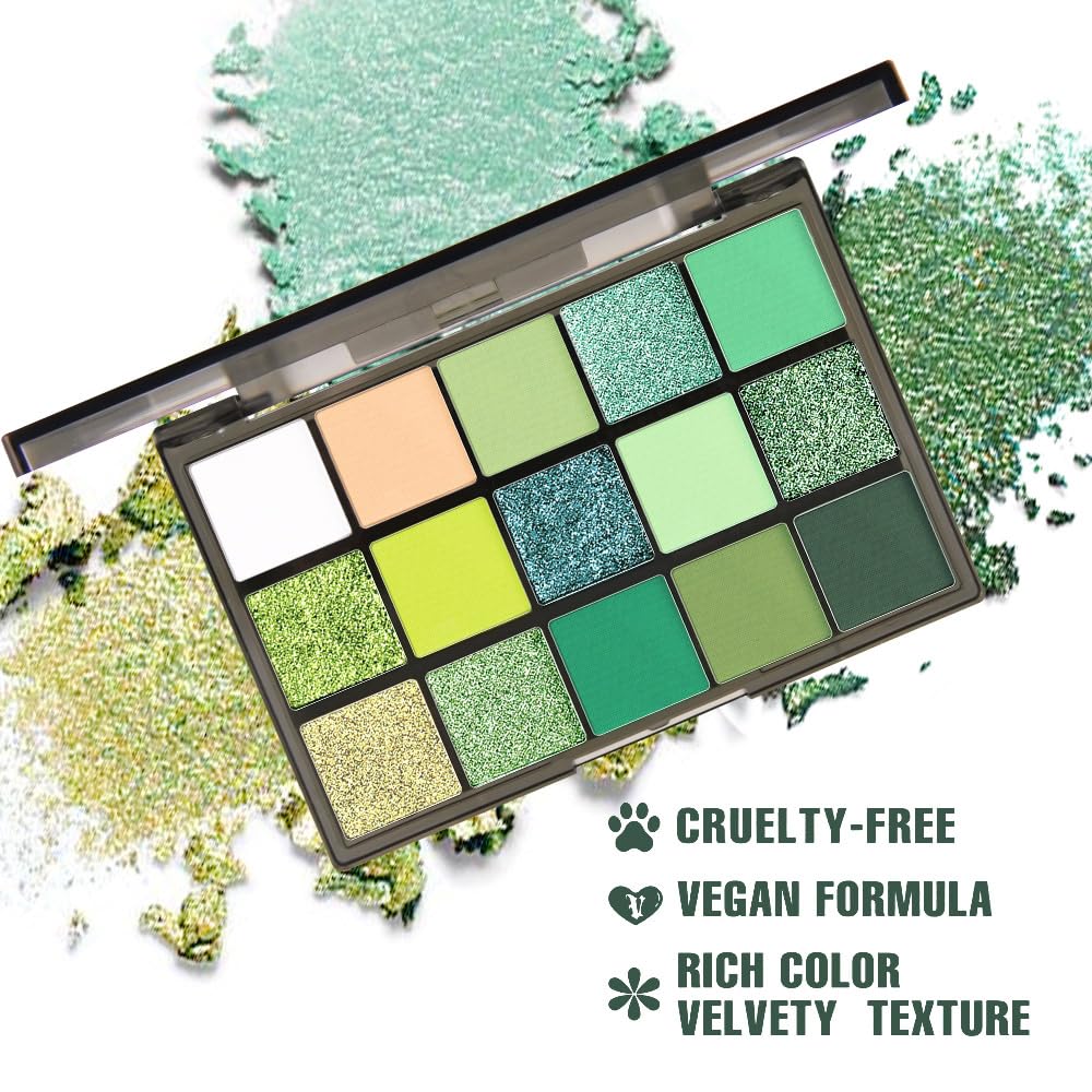 15 Colors Green Matte & Shimmer Eyeshadow Palette - Olive Teal GreenYellow DarkSeaGreen LimeGreen Pink White Eye Shadow Primers Powder for Smoky Looks, Makeup Artist Friendly, Vegan & Cruelty-Free