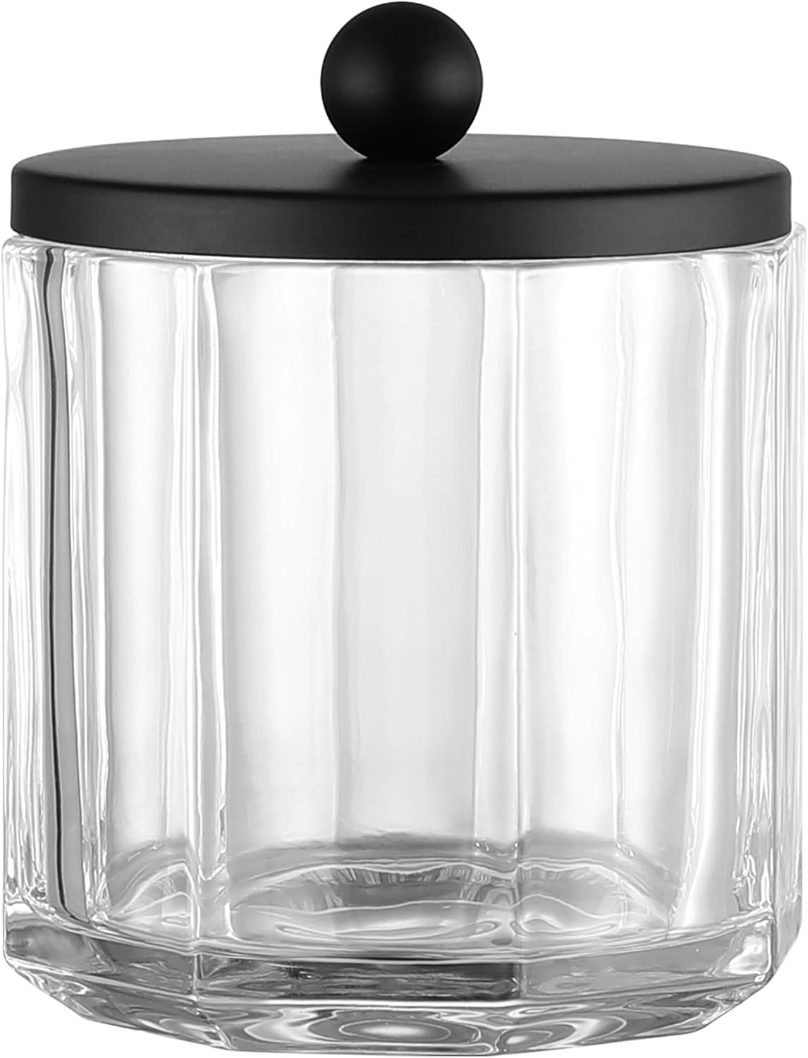Home Glass Cotton Jar Holder Matte Black Lid, Elegant Bathroom Storage Canister for Qtips, Cotton Balls, Floss, Makeup Organizer, Vanity Bathroom Organization