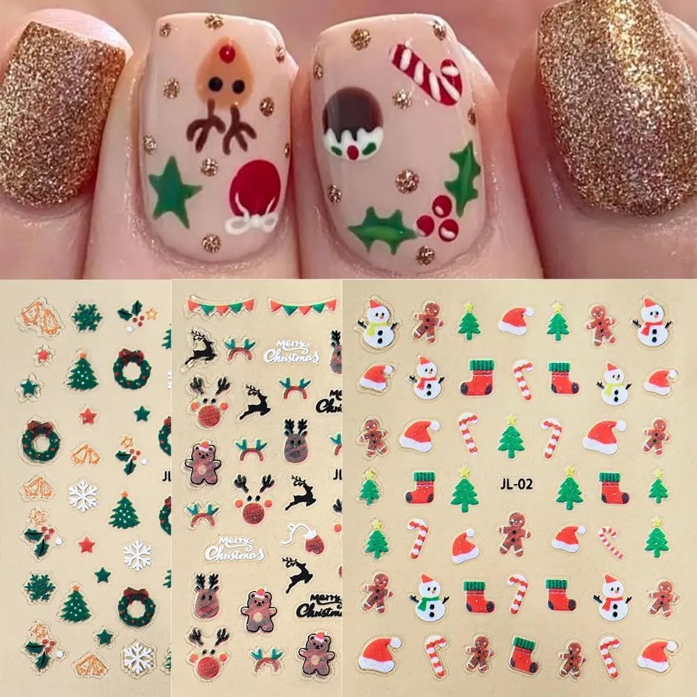 30 Sheets Christmas Nail Art Stickers 3D Self- Adhesive Snowflake Nail Charms Decals White Red Christmas Nail Decorations Accessories Supplies