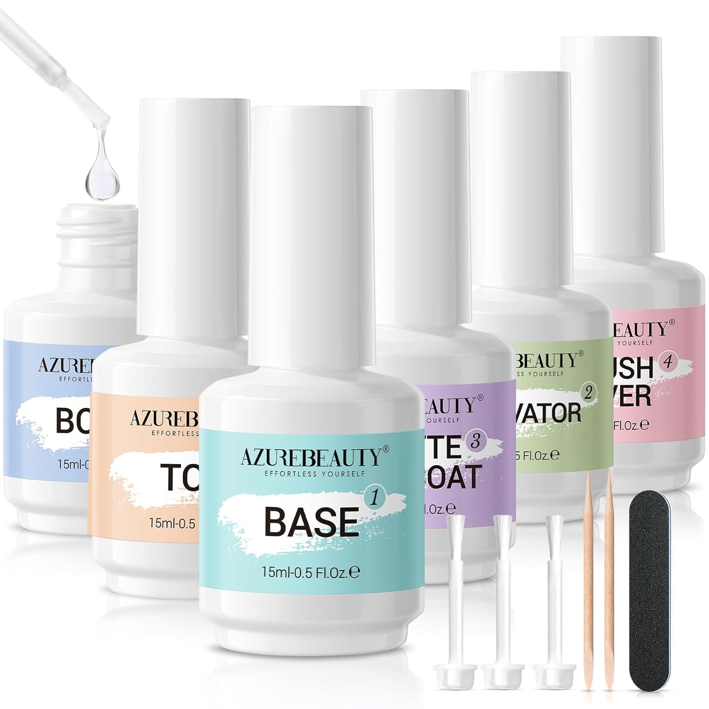 AZUREBEAUTY Dip Powder Liquid Set Bond, Base, Glossy Matte Top Coat, Activator, Brush Saver Dipping Powder Essential Tools No Nail Lamp Needed 0.5Fl oz 15ml 6Pcs