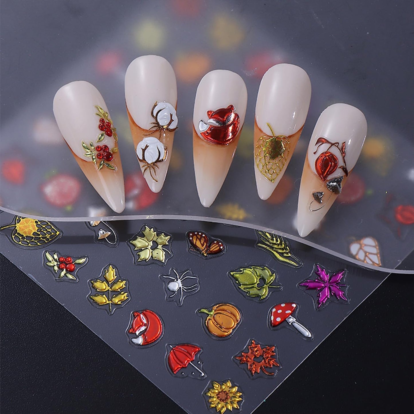 Fall Nail Stickers Thanksgiving Day 5D Embossed for Pumpkin Fox Maple Leaves Glitter Nail Art 3D Self-Adhesive Nails Decoration Autumn Holiday Nail Decals DIY for Women Girls Nail Supplies