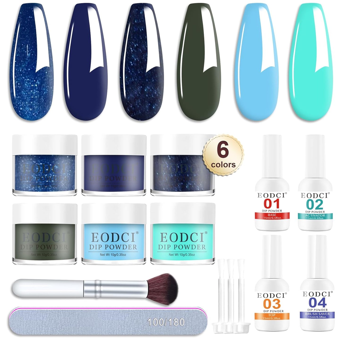 12 Pcs Glitter Blue Dip Powder Nail Kit Starter, Dark Green Blue Snow Dipping Powder Kit With Base & Top Coat/Activator/Brush Saver, Odor-Free&Long-Lasting, No Needed Nail Lamp Curing