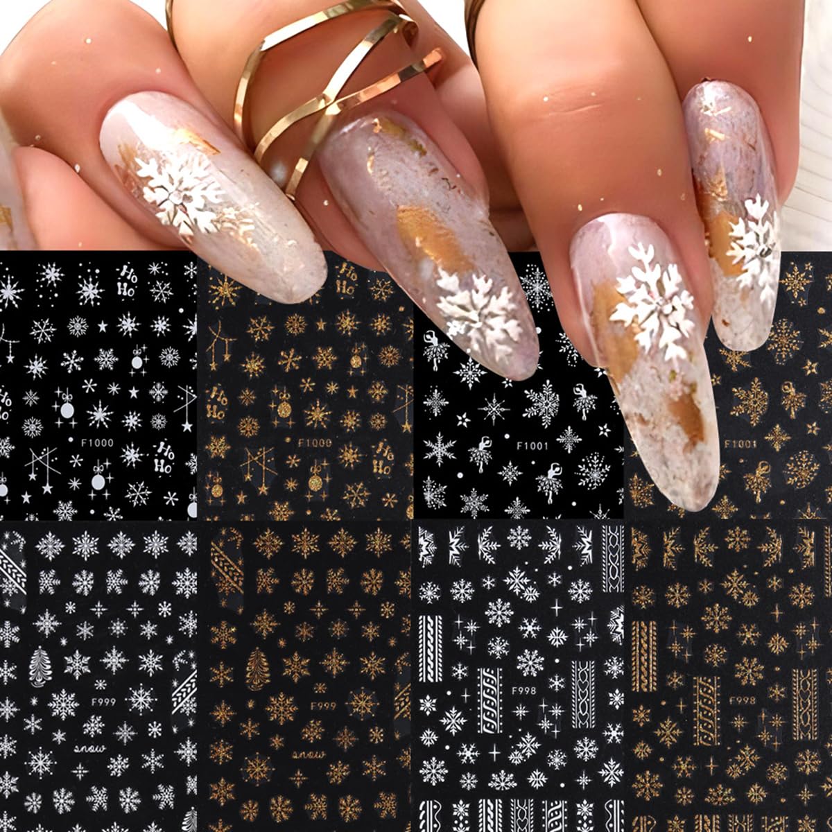 8 Sheets Gold Snowflakes Nail Art Stickers 3D Self-Adhesive Christmas Stickers Winter Nail Decals White Gold Designs Elk Snowflake Nail Supplies Holiday Nail Sticker for Nail Art DIY Christmas Nails